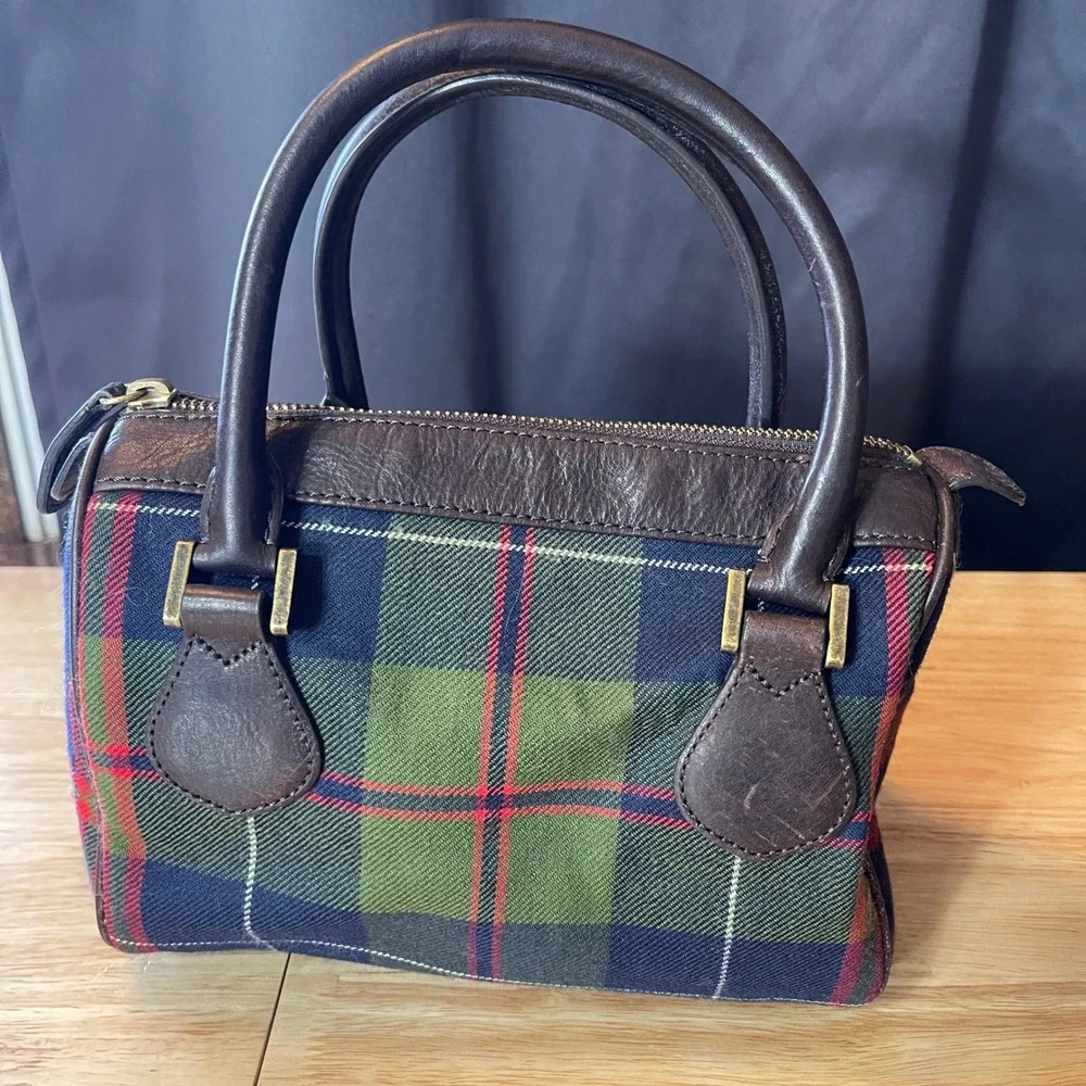 J. Crew Plaid Wool Leather Satchel Bag Green Navy Brown Tartan Doctor Bag